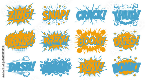 Comic speech bubbles set zing snap crack boom dash.