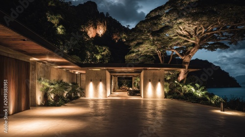 Luxury contemporary residence entrance illuminated dramatically against a dark tropical hillside and water background