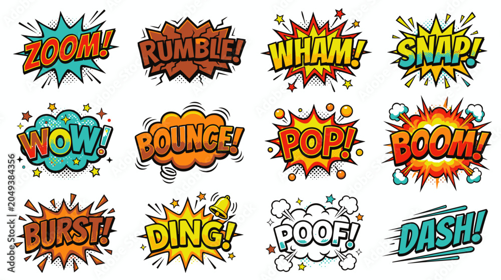Fototapeta premium Dynamic comic speech bubbles with popular action sound words.