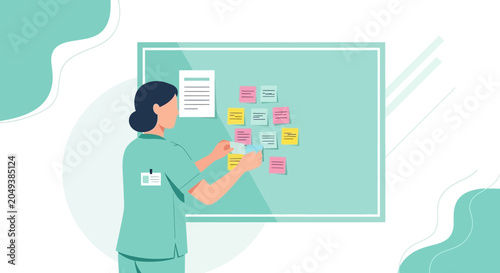 Nurse Planning with Sticky Notes on a Whiteboard, Healthcare Strategy and Teamwork