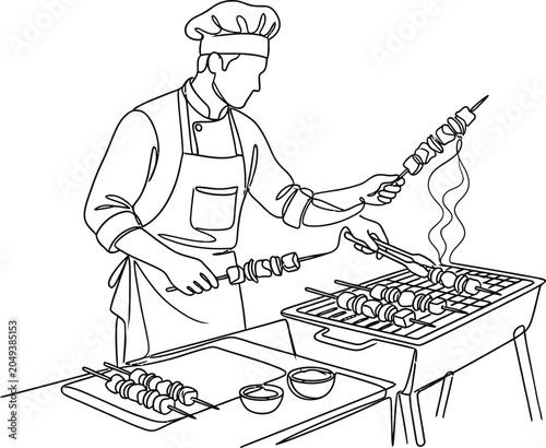 Continuous line drawing of a chef grilling shish kebabs on a barbecue.