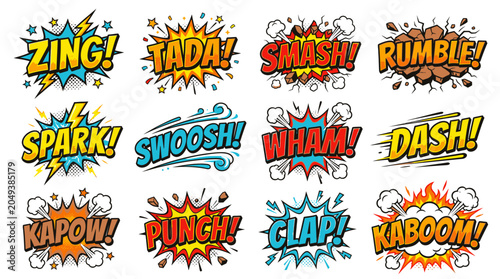 Comic style sound effects stickers with zing and kaboom.