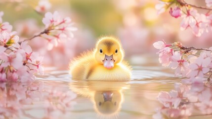 Cute duckling in cherry blossom pond; spring scene; tranquil image; nature photography