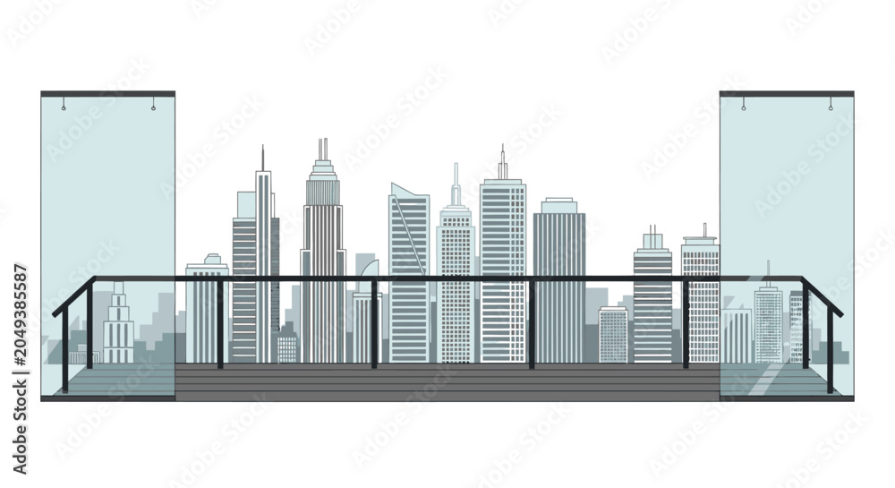 Obraz premium Modern balcony with glass railing overlooking a city skyline with skyscrapers