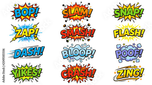 Comic book sound effects set with bop and slam.