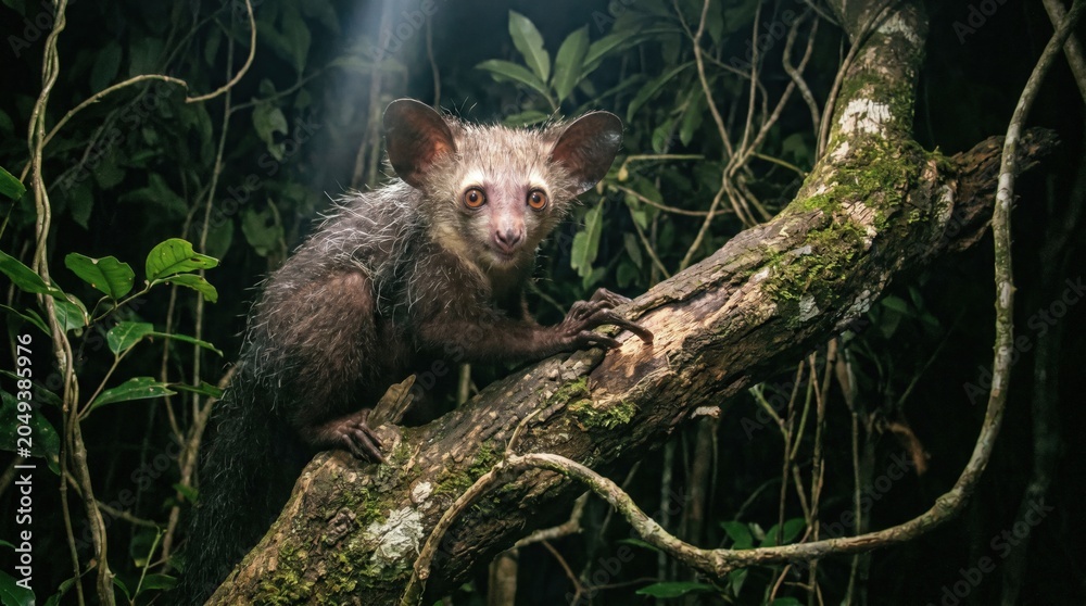 Fototapeta premium Aye-aye primate on a mossy tree branch at night