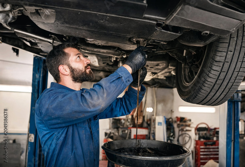 Professional mechanic changing car oil in a modern auto repair shop