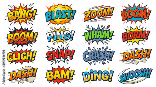 Dynamic set of action comic speech bubbles and sound effects.