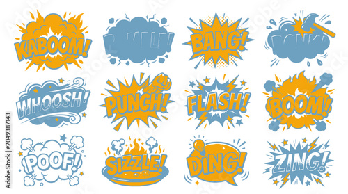 Dual tone comic explosion clouds and sound effect bubbles.