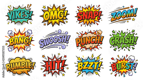 Dynamic action sound bubbles with crash and rumble text.