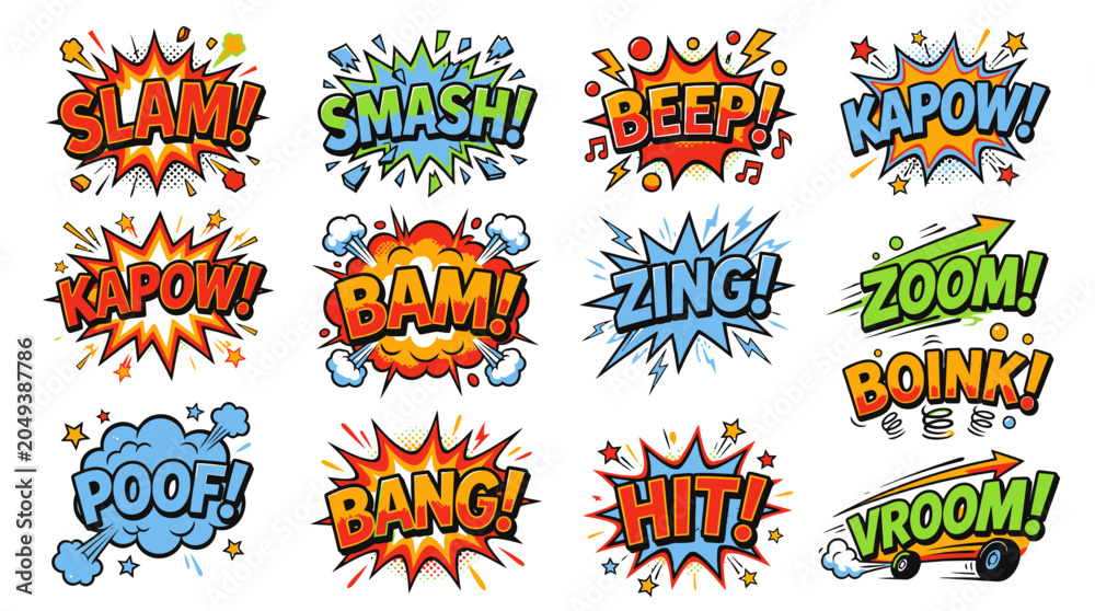 Fototapeta premium Dynamic comic book action sound effect stickers on white.