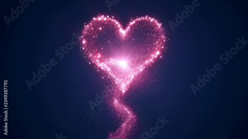 Pink Heart Shape Glow on Dark Blue Background Abstract Love Symbol Sparkle Light, Heart Spark Glow Pink Dark Sky Shape, Pink Heart Sparkle Glow Abstract Love Shape on Blue Background