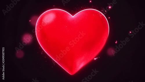 Red Heart Glowing Symbol on Dark Background with Sparkles, Abstract Love and Romance Concept, Bright Valentine Shape with Soft Light and Nubes