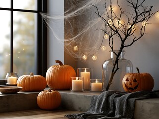 Minimalist branch tree decoration with fairy lights and pumpkins next to a room window