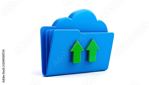 Blue cloud storage folder with green upload arrows, representing data transfer and online backup services