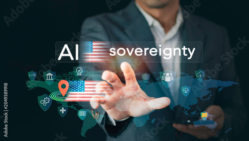 Businessman interacting with a digital map interface representing national AI sovereignty. Concept of sovereign cloud, local data infrastructure, cyber security, and autonomous AI governance policy.