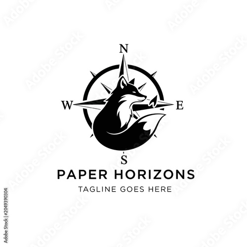Bild auf Leinwand Sophisticated black and white logo combining a clever fox profile with a classic nautical compass for travel or creative direction