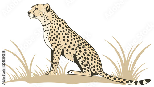 Vector illustration of a sitting cheetah in tall grass with predator wildlife wilderness illustration