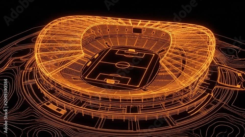 Futuristic digital rendering of a soccer stadium with neon glowing wireframe design for sports innovation visuals