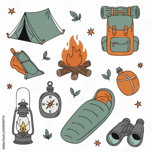 Set of hand drawn camping and outdoor adventure equipment icons.