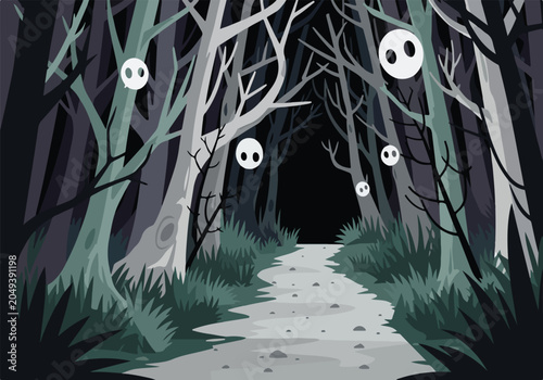 Schilderij op canvas A spooky forest path with ghostly faces