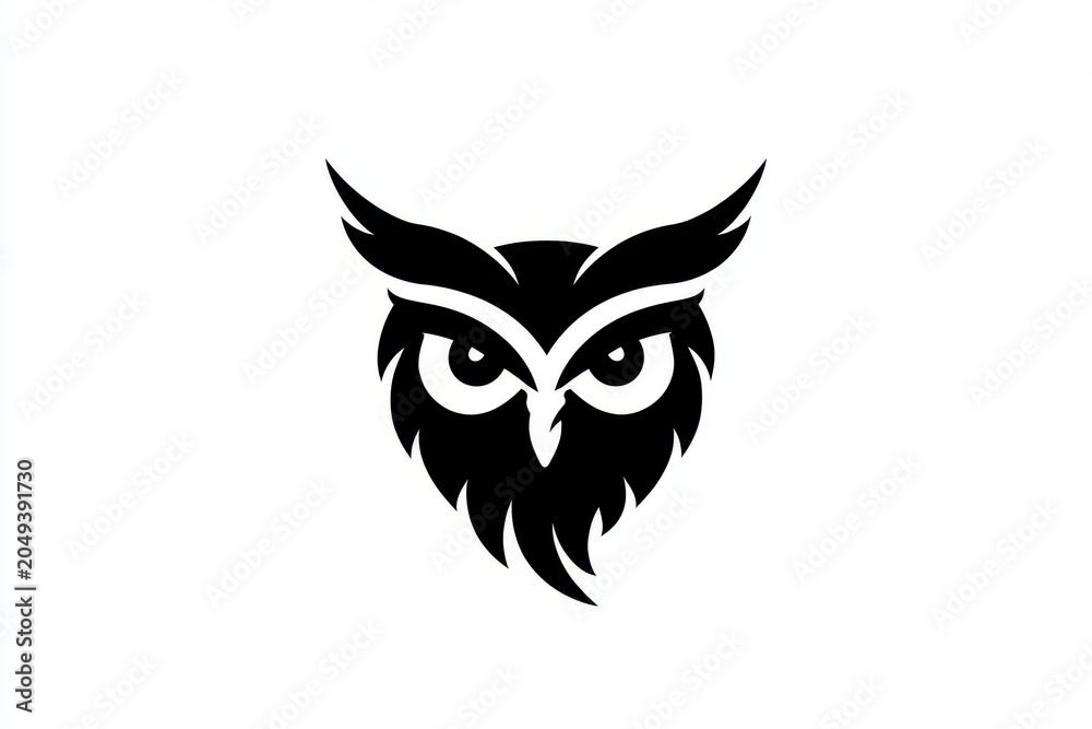 Fototapeta premium Stylized Owl Silhouette: A striking black silhouette of an owl's face, featuring piercing eyes, pointed ear tufts, and a distinguished beard, presented on a clean white background.