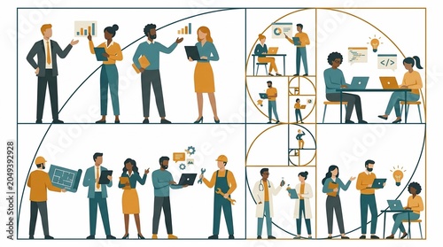 Diverse Professional Team Working Together Using Golden Ratio Layout.