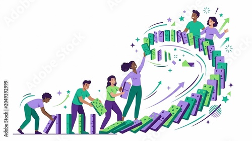 Diverse team collaborating on a domino effect business growth strategy.