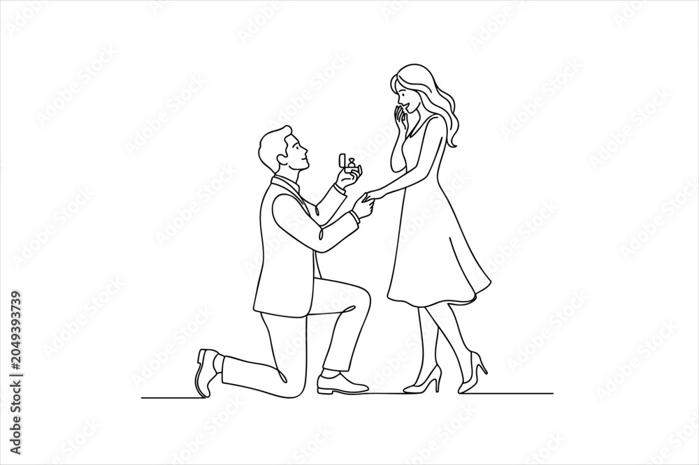 Obraz premium Man proposing marriage to woman with engagement ring black and white line art vector illustration, marriage