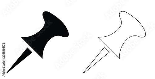 Minimalist push pin icons, black silhouette and outline thumbtack vector set, map markers