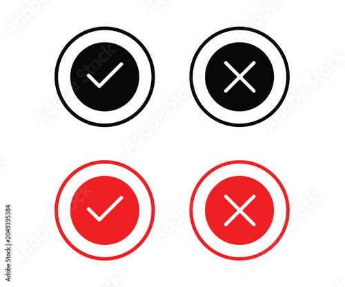 Minimalist check and cross icons, red and black tick mark set, flat vector symbols