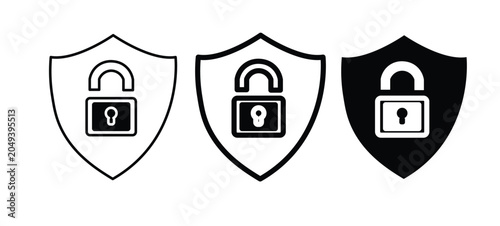 Cyber security shield icons, 3 padlock protection symbols, data safety vector set