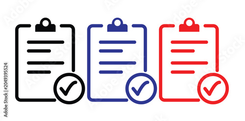 Clipboard checklist icons with checkmarks, 3 business document vectors, task management