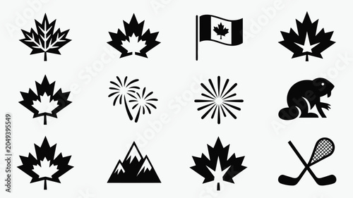 Konstfotografi Collection of black canadian themed icons featuring maple leaves wildlife and sports gear