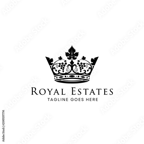 Sophisticated emblem combining a regal crown with natural vineyard elements, ideal for luxury wineries, estates, or viticulture brands.