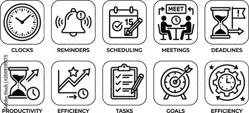 Set of ten time management and productivity line icons.