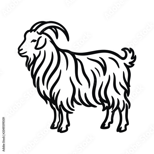 Angora goat standing profile. Black and white line art vector illustration. Detailed farm animal outline icon isolated on transparent background