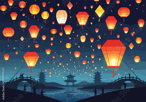 Tablou pe pânză A serene night scene with numerous lanterns floating