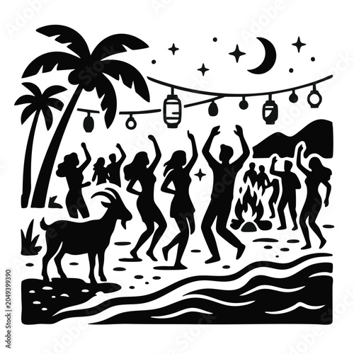Beach party at night with dancing people and a goat silhouette. Tropical summer vector illustration isolated on transparent background