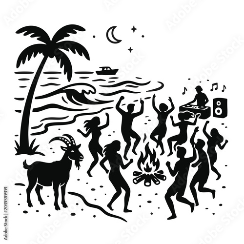 Night beach party with DJ dancing people and goat silhouette. Summer vacation vector illustration isolated on transparent background