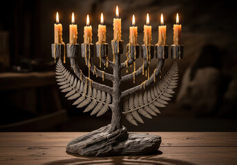 Lit menorah with nine burning candles on a rustic wooden table for the jewish holiday of hanukkah celebration