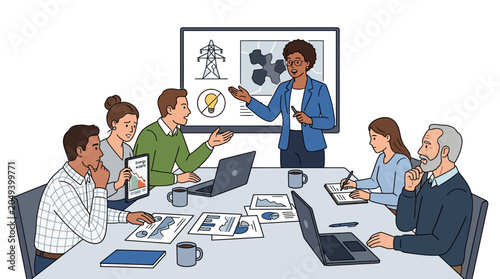 Diverse business team collaborating in a meeting with laptops and papers around a table, discussing strategies on a presentation screen.
