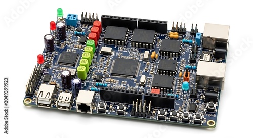 Electronic Circuit Board with Microchips and Components.