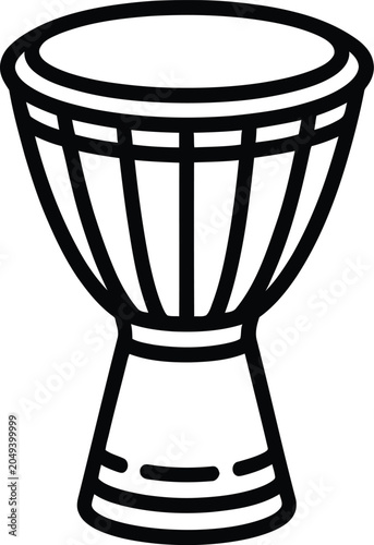 Minimalist black and white line of a traditional djembe drum, featuring a goblet-shaped body and vertical tension ropes