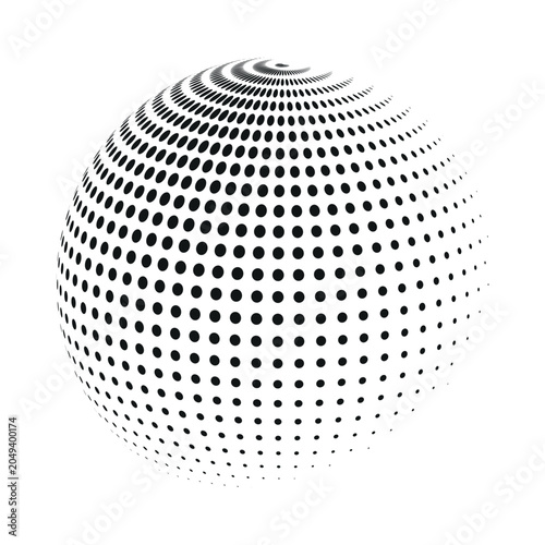 abstract halftone dot sphere vector, 3d dotted globe logo element on white background
