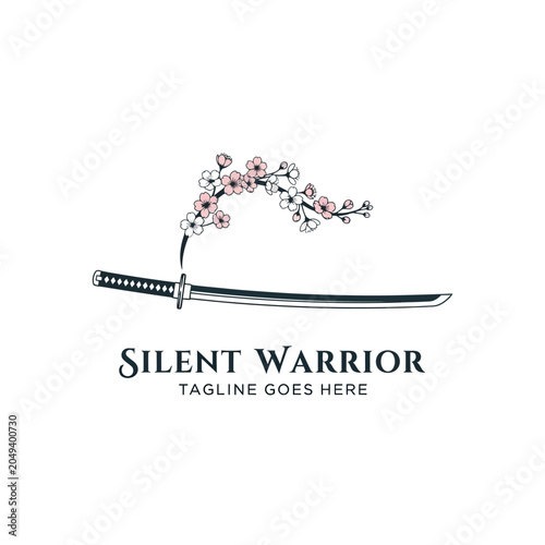 Photos Striking warrior-themed logo combining a lethal samurai sword with soft sakura flowers, representing the balance between strength and beauty