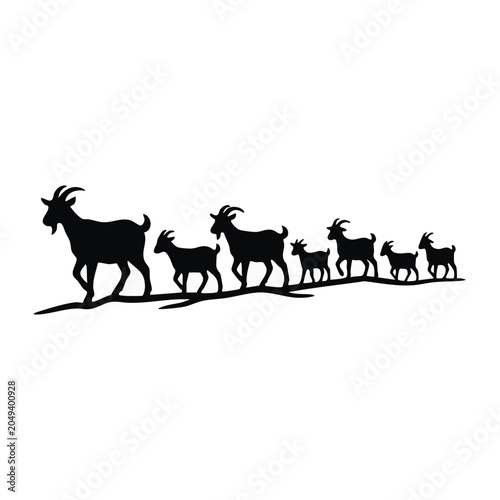 Goat caravan silhouette illustration. Herd of walking animals flat vector graphic. Farm livestock family isolated on transparent background
