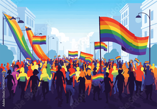Foto A vibrant crowd marches with rainbow flags