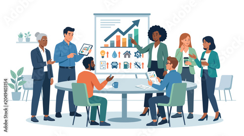 Schilderij op canvas Diverse business team collaborating around a table with a presentation screen displaying graphs and charts in a modern office setting with a professional mood