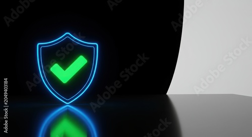 Neon blue shield with a glowing green checkmark on a dark reflective surface, symbolizing digital security and protection